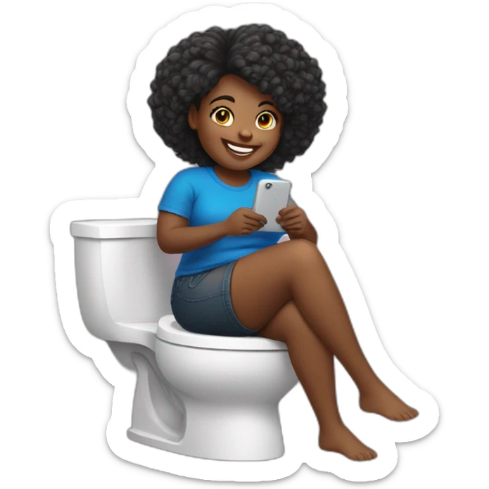 black chubby girl sitting on the toilet while texting and smiling hair sticker