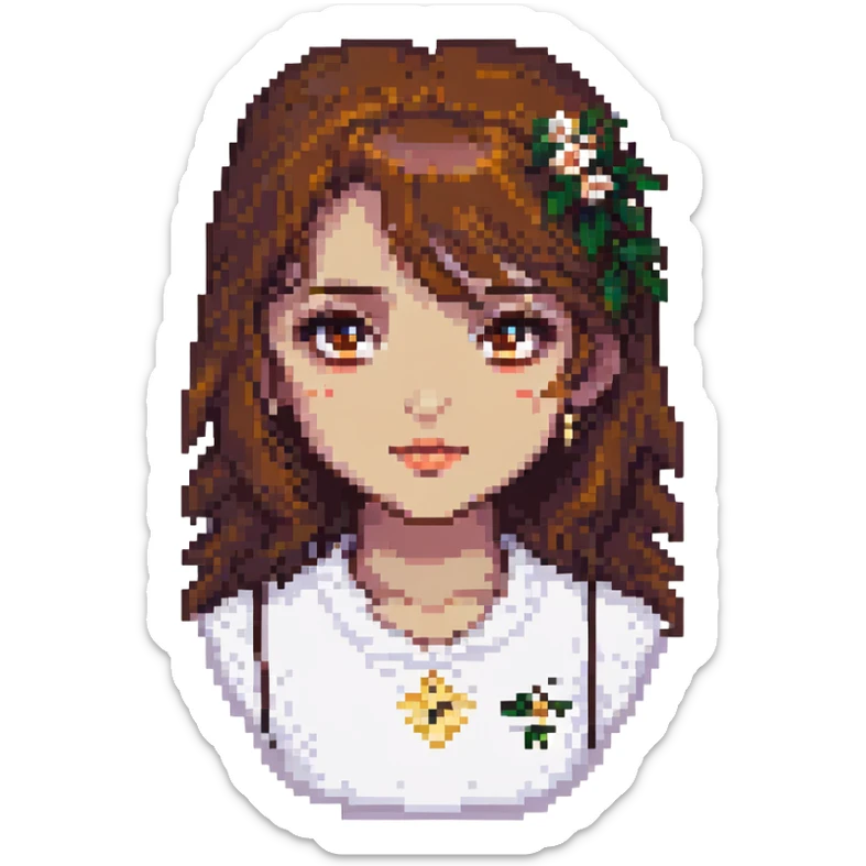 Change the girl's eyes to a rich brown color, keep the pixel art style and the cozy indoor background. sticker