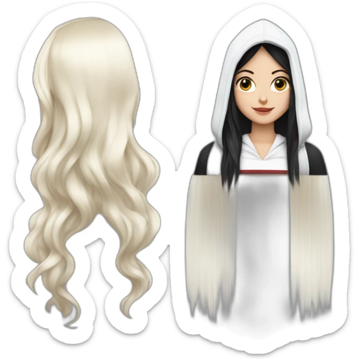 White girl long straight black hair with white streak hair and red ridding hood sticker