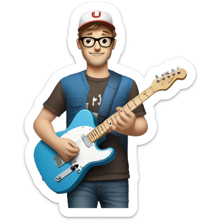 A nerdy white guy with glasses with short brown hair wearing a baseball cap playing a blue classic telescaster sticker
