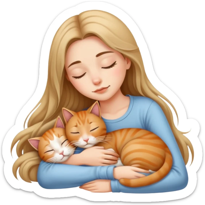Generate a picture of a beautiful girl with long hair sleeping with a cat sticker