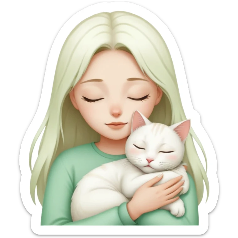 a closing eyes girl hugs a white jinjila cat,the cat’s eyes are open and green  sticker
