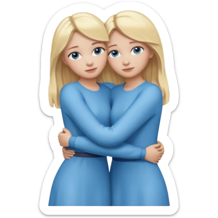 cinematic realistic two sisters with blonde hair and blue eyes hugging, full body sticker