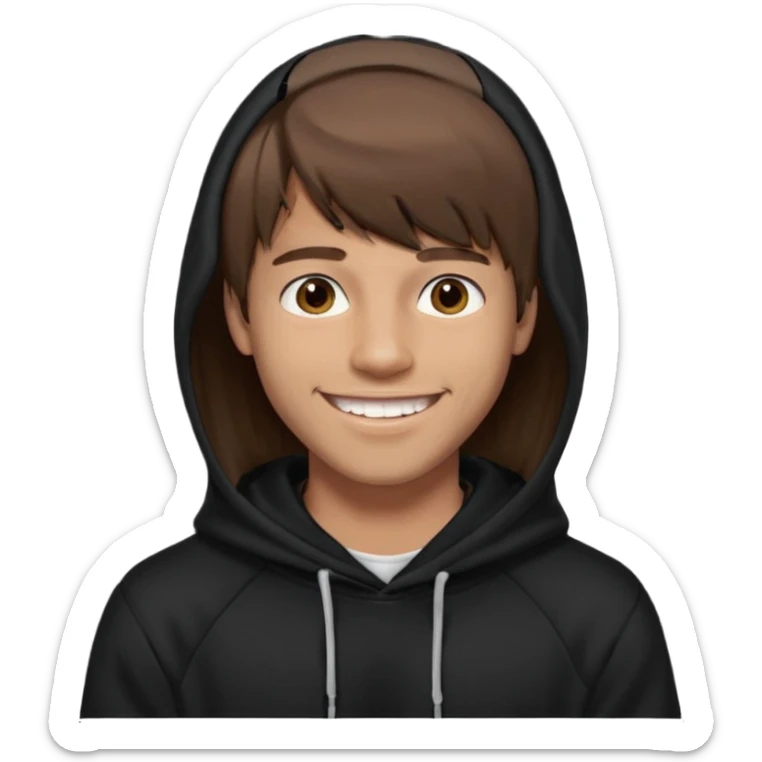 20 yr old man, brown hair, straight, big smile, white teeth, tanned skin, bangs, black hooded sweatshirt, long hair in back, middle parted bangs sticker