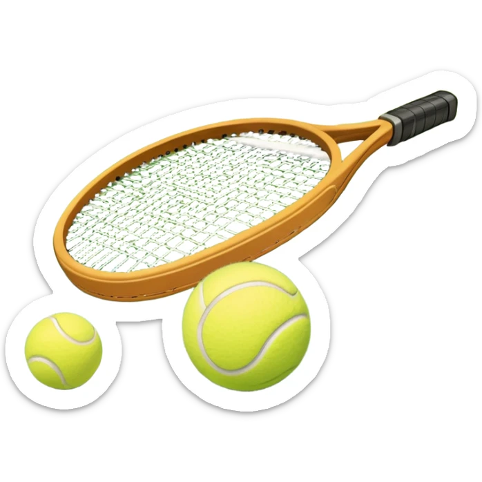 A tennis racket and ball placed on the grass court, with the lines of the court clearly visible in the background. The scene captures the essence of the sport, highlighting the equipment and the vibrant, open atmosphere of a tennis match sticker
