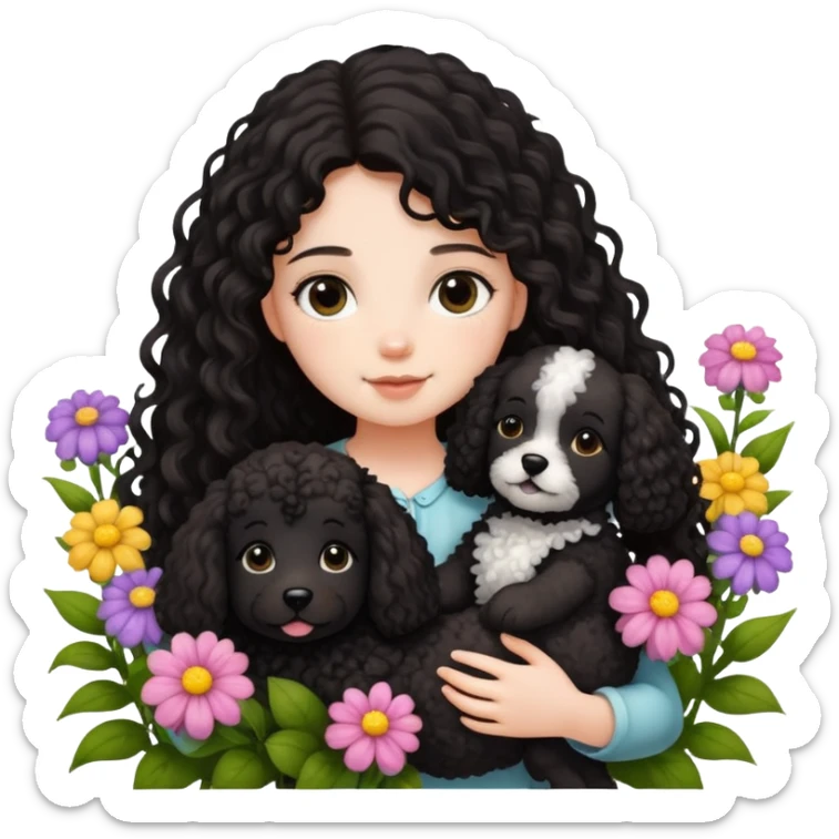 A long-haired girl is holding a black curly-haired teddy dog ​​in the flowers sticker
