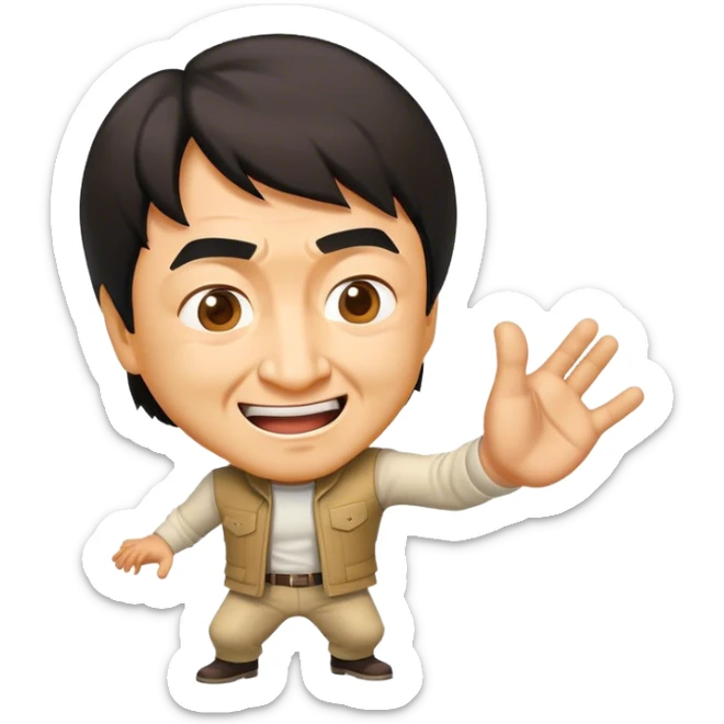 Cinematic Realistic Jackie Chan Pop Culture Emoji, depicted with playful agility and charismatic charm rendered with lifelike textures and vibrant, action‚Äêpacked lighting. sticker