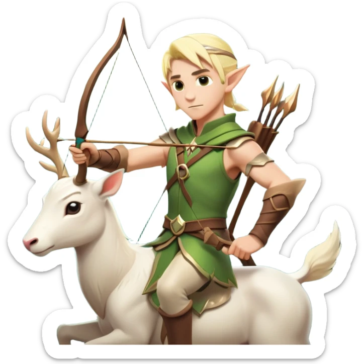 clash-of-clans-aesthetic-blond-male elf-archer-portrait-emoji, rendered in a flat, vector-style with minimal shading and bold holding his bow, simplified shapes, head tilted slightly forward with a determined, focused expression, riding a majestic white stag whose antlers glow with mystical energy, set against an ancient, enchanted forest backdrop. sticker