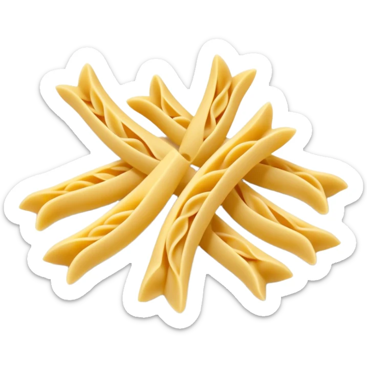 group of dry pasta pieces (penne, fusilli, farfalle), 3 to 5, smooth matte texture, pale yellow color, clean and dry, curved or twisted, 3D clean style sticker