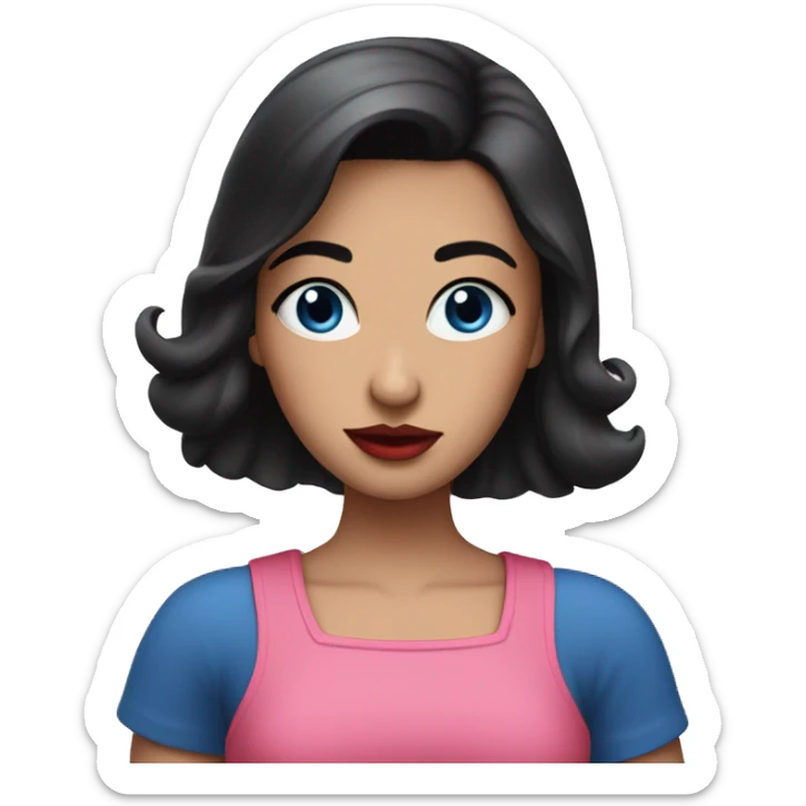 A girl with black hairand blue eyes and red lips and pink top and blue skirt sticker