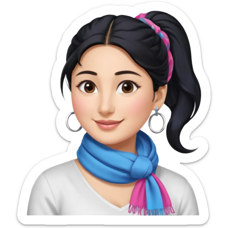 generate a pretty bratz emoji that looks like Kareena Kapoor's Geet character. 
Make her wear a white shirt with a colorful blue-pink scarf wrapped around her neck. smiling big. Black hair tied into a side part ponytail, silver hoops and no necklace

She should look exactly  like Kareena Kapoor sticker