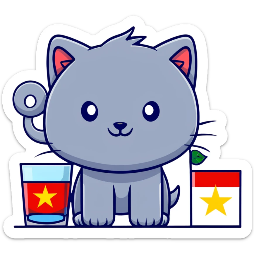 cat, dog, wolf, Vietnam flag, tree, elephant, and a glass all together in cartoonish sticker style sticker