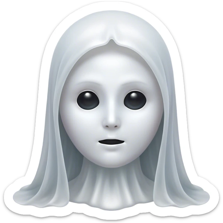 Cinematic Noble Ghost Portrait Emoji, Ethereal and dignified, with a flowing, translucent form in silvery-white hues, wispy and majestic, and a calm, otherworldly expression with deep, thoughtful eyes, simplified yet sophisticated features, highly detailed, glowing with a soft, spectral radiance, high shine, exuding regal mystery and quiet authority, with a soft glowing outline that captures the essence of a ghostly guardian drifting from another realm! sticker