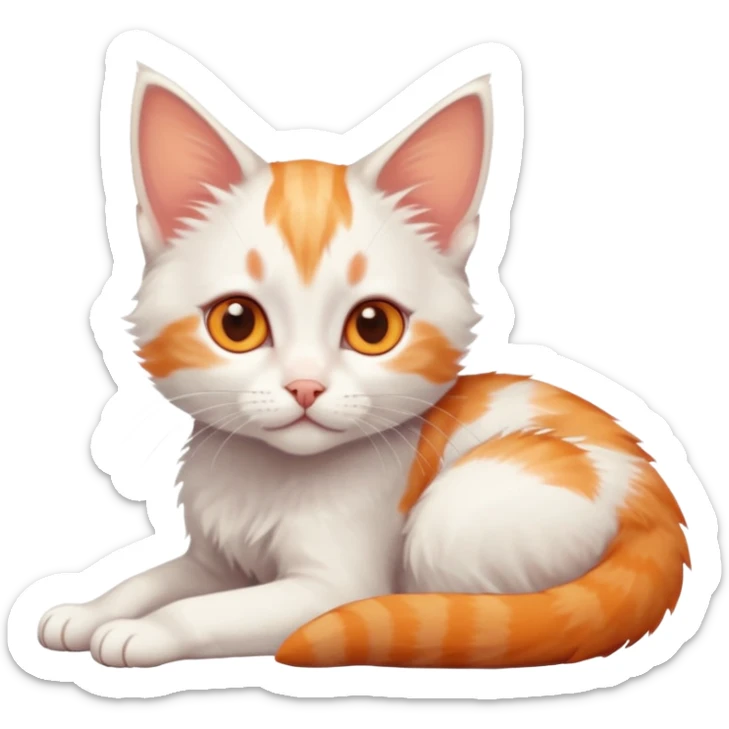 full body of very small + skinny ginger and white kitten with deep orange eyes and triangular shaped face lying down sticker