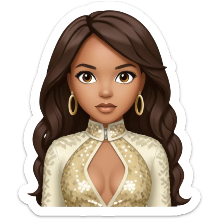 LeToya Luckett from Destiny's Child with long dark brown hair, ivory sequin outfit sticker
