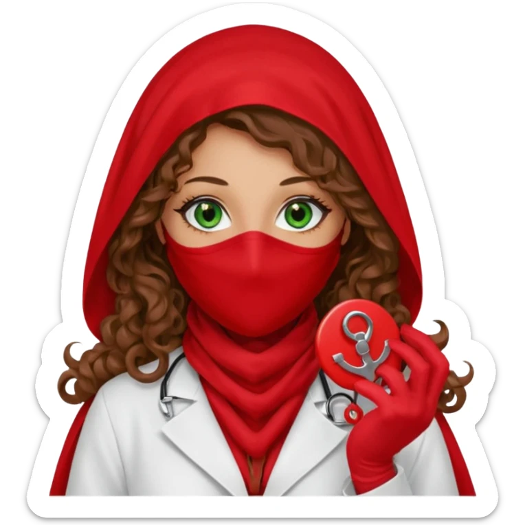 Lilith symbol sexy evil woman. She has green eyes.  had brown long curly hair.  evil surgeon kills with scalpel wears red sexy doctor coat with red mouth cover red gloves. Covers nose, neck  and mouth with Muslim red berka sticker