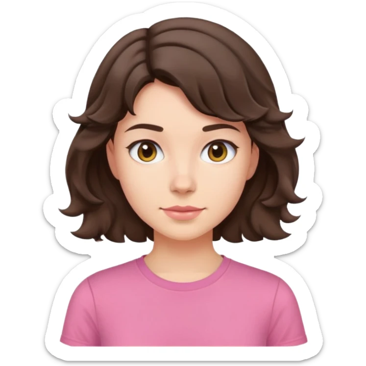 young brunette woman with short wavy hair to shoulders, wearing a pink t-shirt sticker