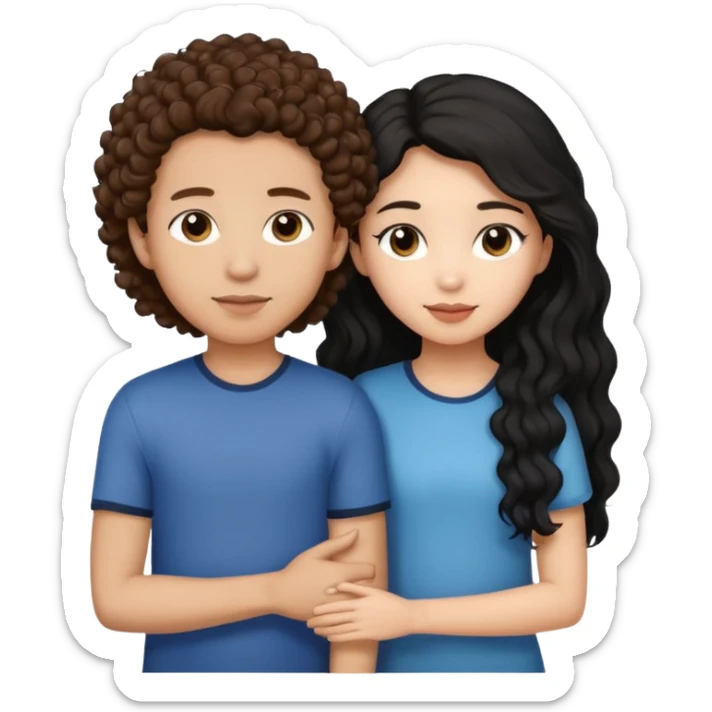 a lightskin boy with brown curly hair putting his arm around an asian girl with straight long black hair sticker