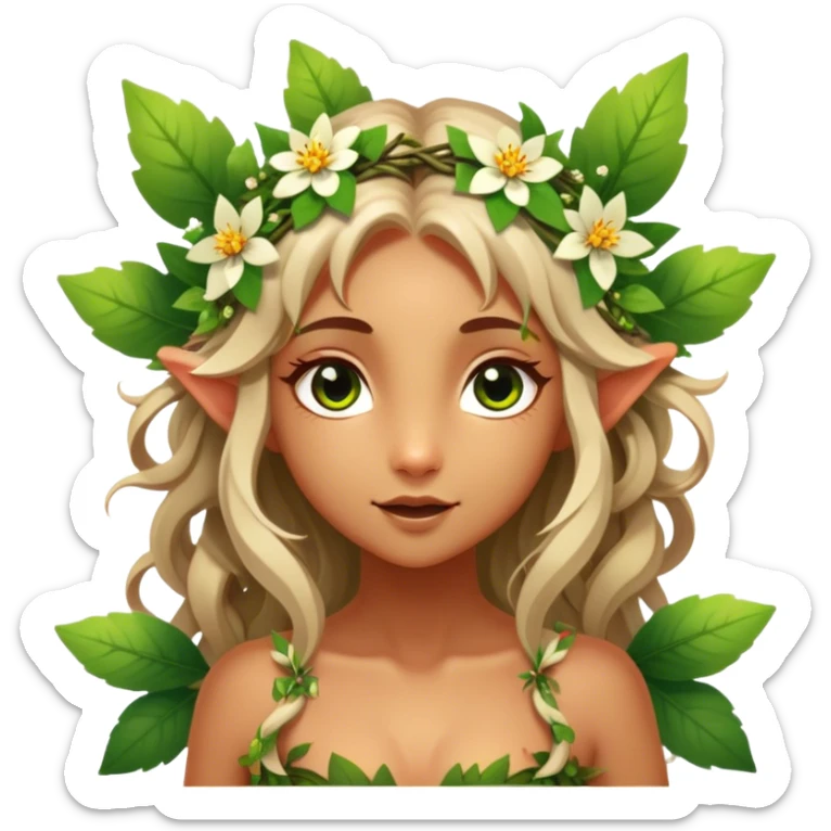 Cinematic Realistic Forest Nymph Fairy Portrait, head tilted playfully and inquisitively, showcasing a nature-inspired form with intricately detailed, sunlit tanned skin and cascading hair interlaced with leaves and blossoms. Her bright, curious eyes sparkle with forest mischief, rendered with lifelike clarity and warm, dappled lighting that captures the spirit of an enchanting woodland fairy ready to dance among the trees. sticker