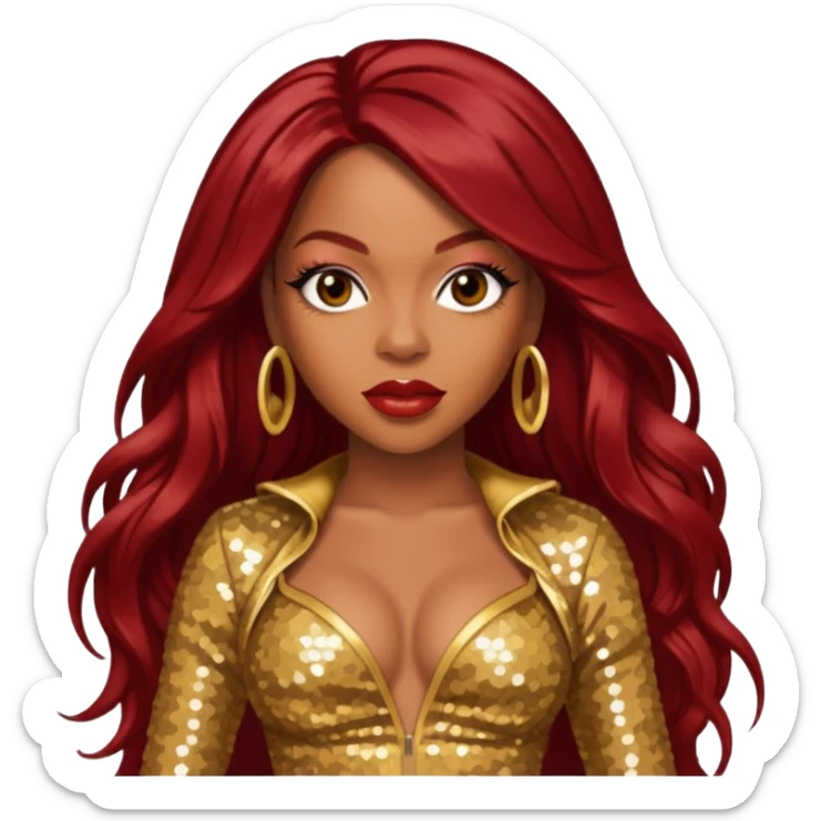 LaTavia Robeson from Destiny's Child with dark red long hair, gold outfit sticker