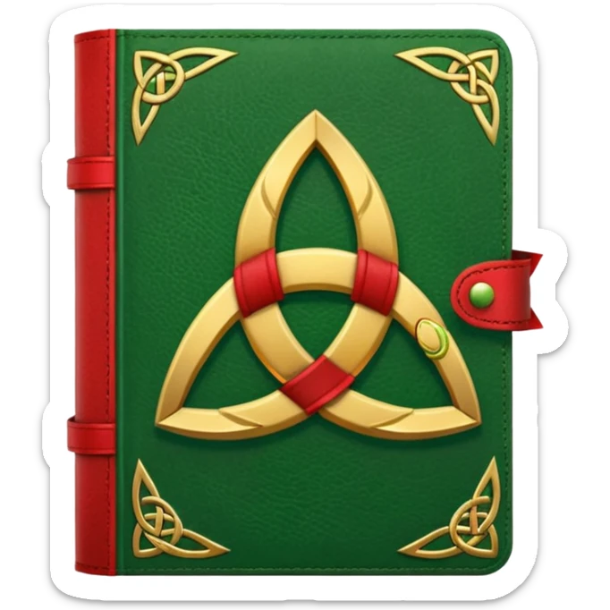 a green closed book with a golden triquetra on it with a red ribbon between the paged sticker