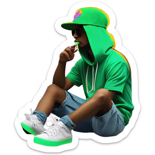 Hemp leaves Multicoloured neon person smoking wearing hoodie dancing hip hop bucket hat tropical Skater fashion aesthetic baggy clothes graphic t shirt 420 sticker