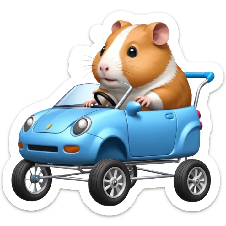 Spectral Racing car whose frame and suspension is made of shopping cart material with a large rear spoiler is being professionally steered driven by a small thin Guinea pig  sticker