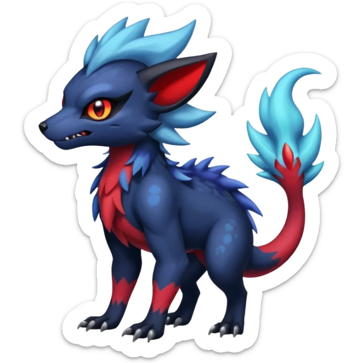 Colorful esoteric shiny glowing scaly scary cool badass edgy Zorua-Absol-Salandit-fusion (full body) sticker