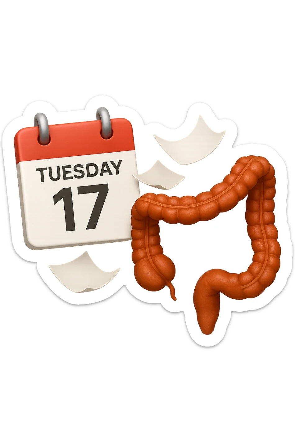 emoji stile iphone di un calendario con fogli che volano insieme a pezzi anatomici di colon umano, iperrealistico 4k, isolato su sfondo bianco sticker