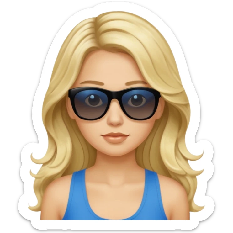 an olive tan woman with long, wavy blonde hair in a blue tank top wearing black Prada sunglasses sticker