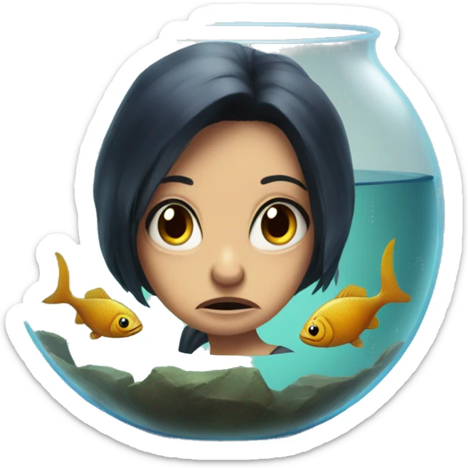 Very old fish in a fishbowl with a angry dark hair girl staring  sticker