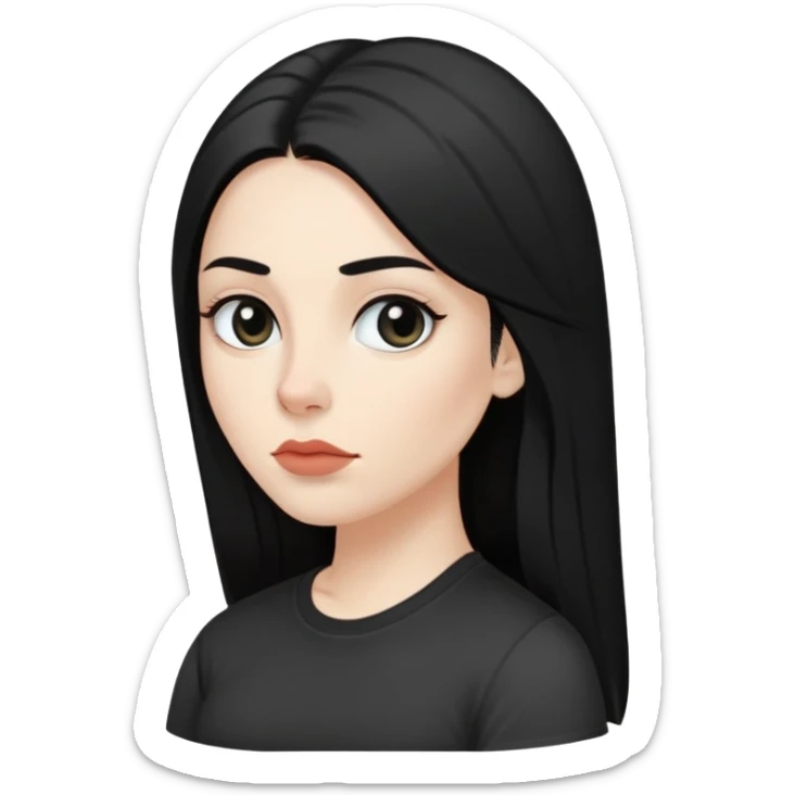 A white-skinned, black-haired woman with long hair, wide, black eyes, slightly full lips, a straight nose, slightly thick eyebrows, and wearing a black T-shirt  sticker