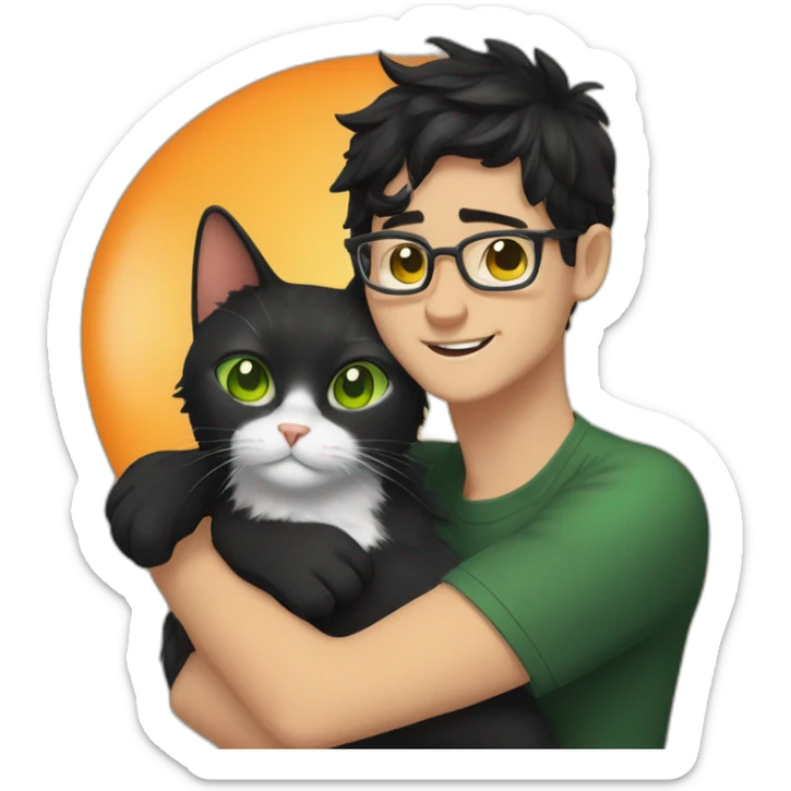 White guy with green eyes, black hair and with glasses hug orange percian cat sticker