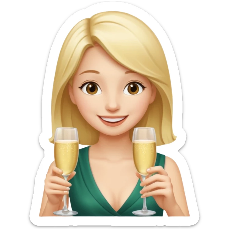A shy young woman gently takes her first small sip of champagne, smiling with excitement. sticker