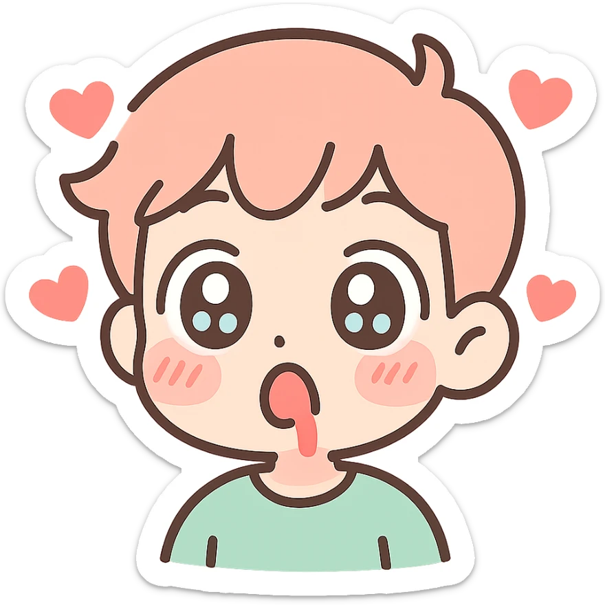 anime-style emoji of a surprised cartoon boy with wide eyes, small trickle of red from the nose, comedic expression, blushing, hearts around the head sticker