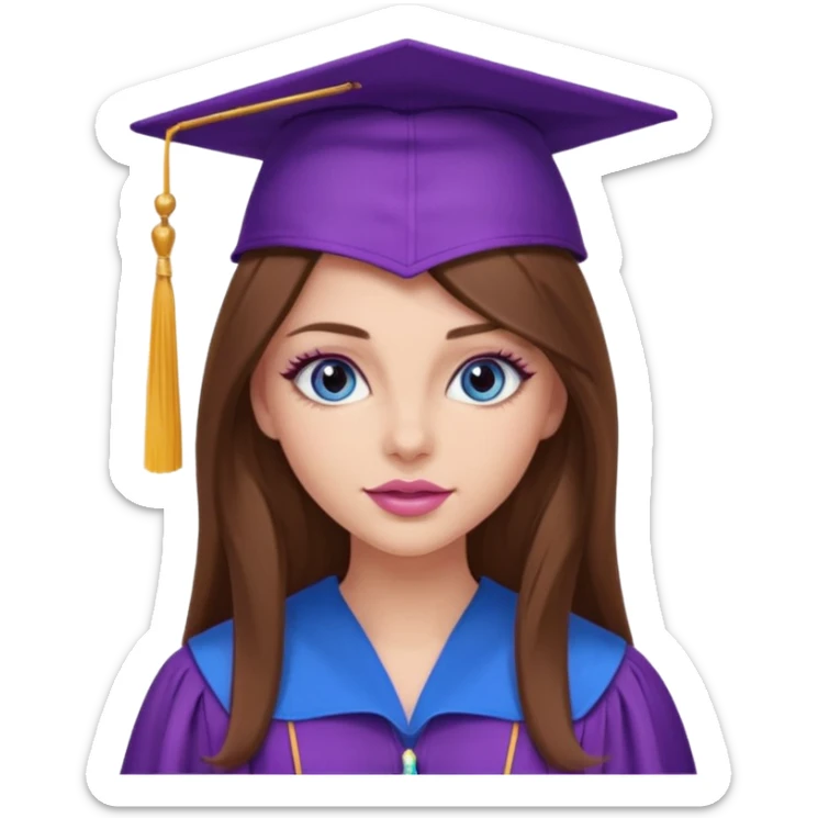 girl with gorgeous long brown hair, blue eyes, long lashes makeup, sexy pink lips, wearing a purple graduation cap and gown sticker