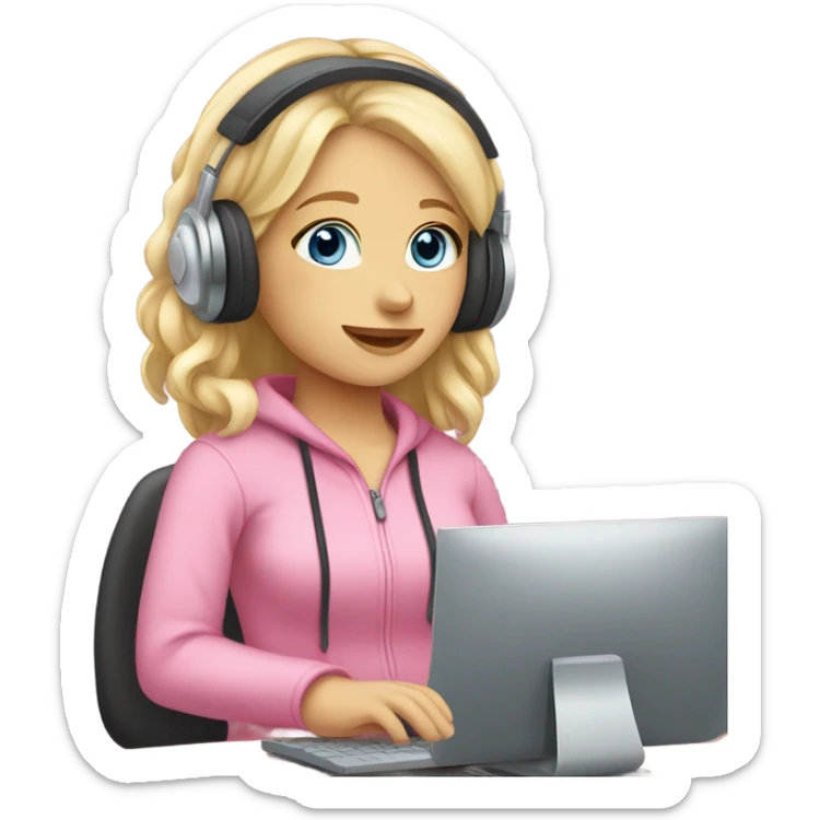 blonde hair blue eyed girl pink headphones and computer sticker
