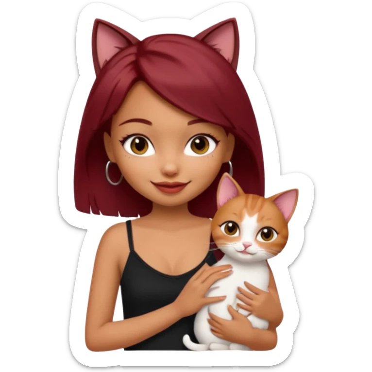generate a pretty bratz girl with short dark red hair holding a cat smiling. Wearing a black cami sticker