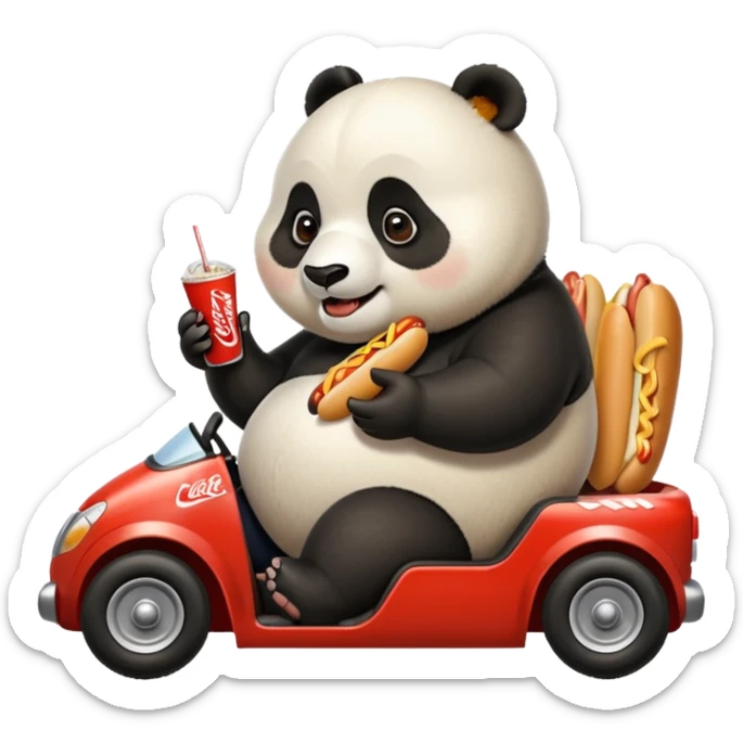 Fat panda on a go cart that’s too small eating a hot dog fries and a coke sticker