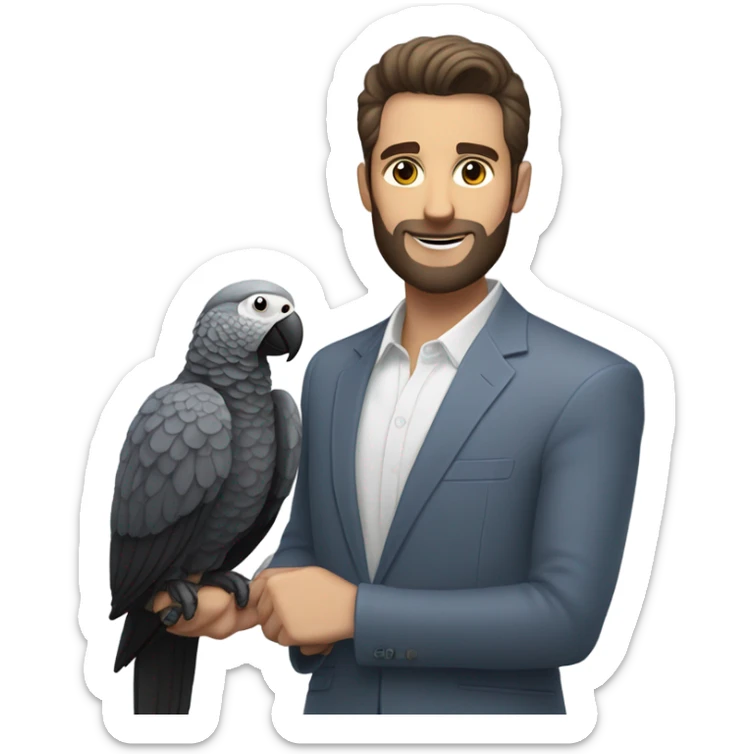 White Man with dark brown pompadour hair and dark brown short beard riding on top of a giant african grey bird sticker