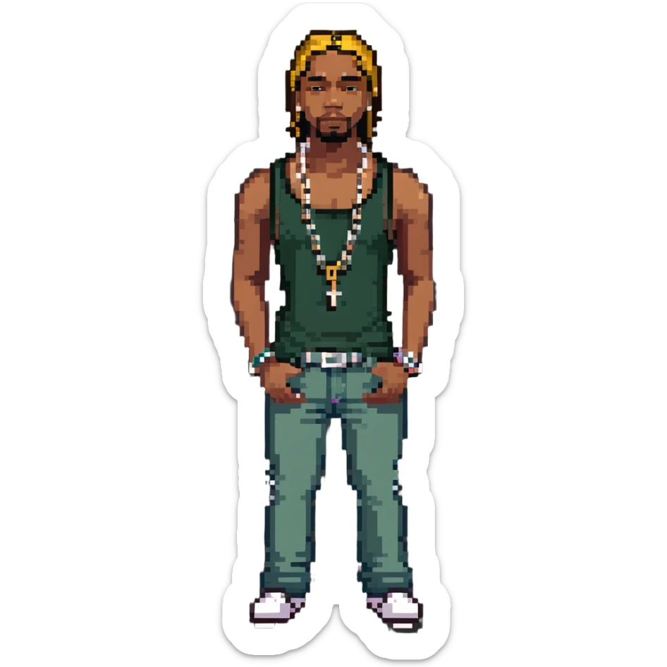 CJ from GTA San Andreas with his green tank top, jeans and chain necklace sticker