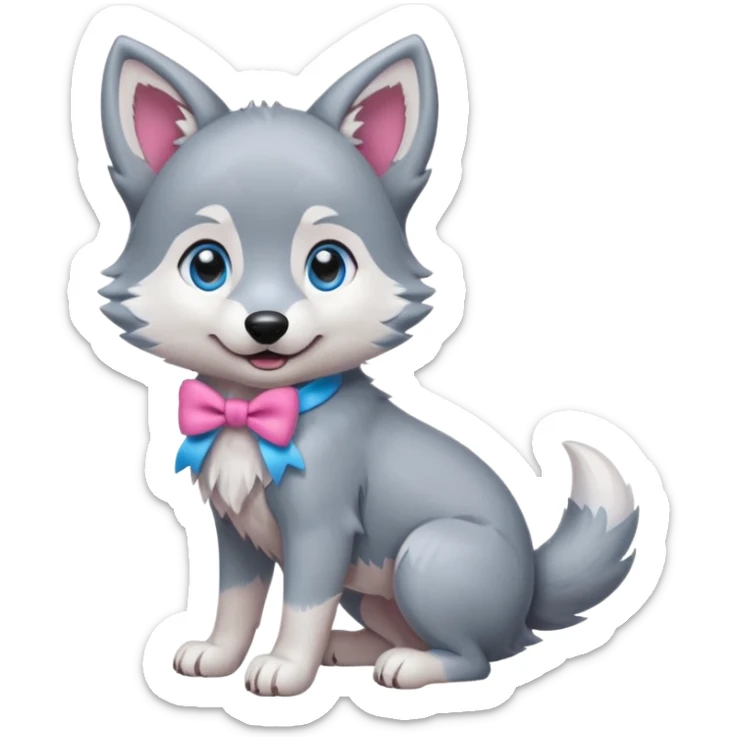 an animated gif-style sticker emote of a wolf puppy in a play-bow wagging its tail in a smooth, natural arc over its back. It has a pink bow on one ear and bright blue eyes sticker