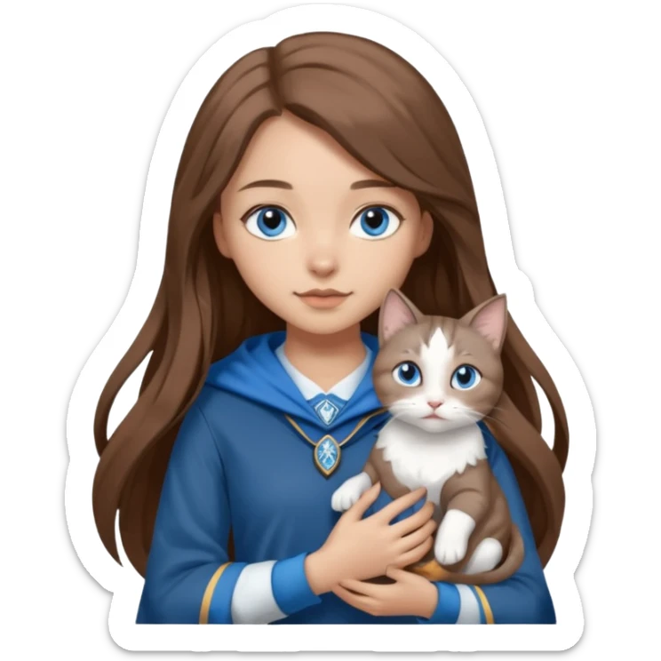 gorgeous Girl with light skin, blue eyes, long brown hair, wears a ravenclaw outfit, with a grey and white cat holding in her arms sticker