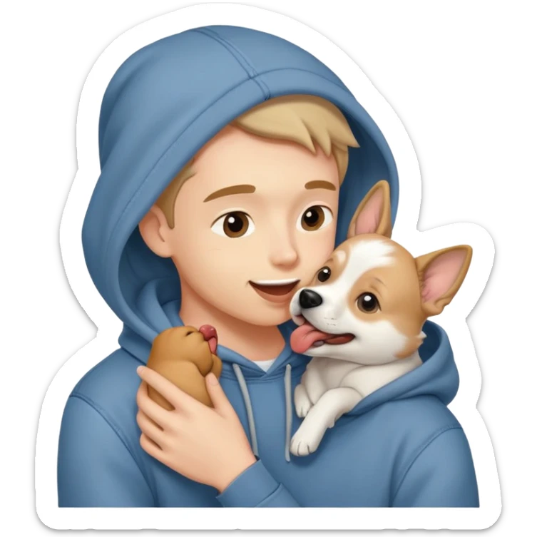 Cute dog lover boyfriend with soft smile, wearing hoodie and jeans, one dog licking his face sticker