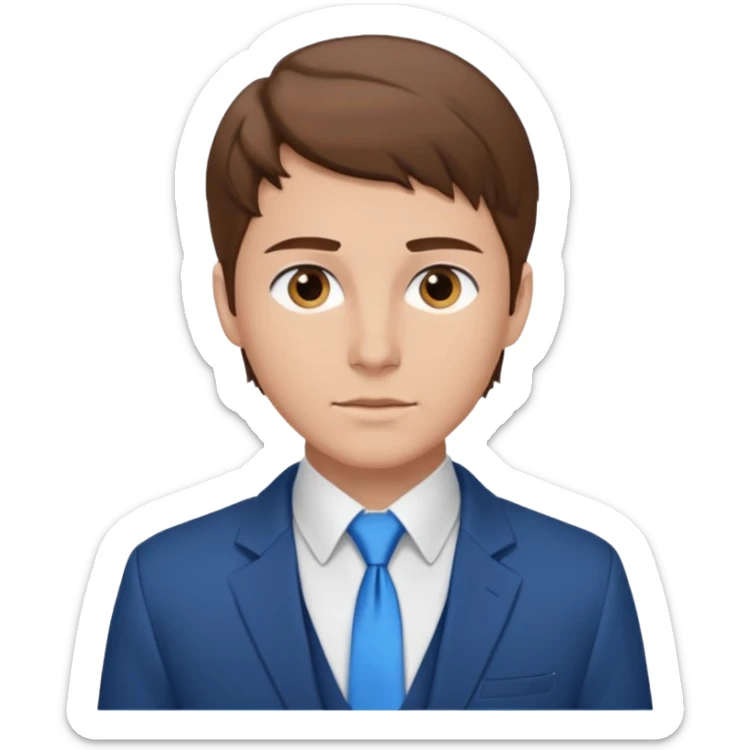 un homme type caucasien brun plutôt jeune avec des jolies traits avec une chemise blanche et une veste a manche longues et cravate bleu il a les yeux marron sticker