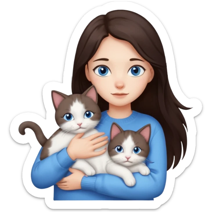 a girl with long dark 
brown hair, with blue eyes, in a
white sweater, hugs 3 different natural coloured cats sticker