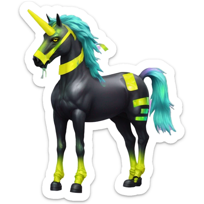 .Zombie_ Vaporwave black holographic oilslick zombie unicorn yellow caution tape graffiti Pegasus with  prosthetic leg  sticker