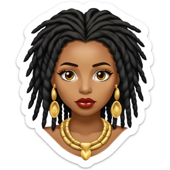 Brownskin Congolese woman with black shoulder length locs, fluffy eyelashes, big lips, a lot of gold jewellery  sticker