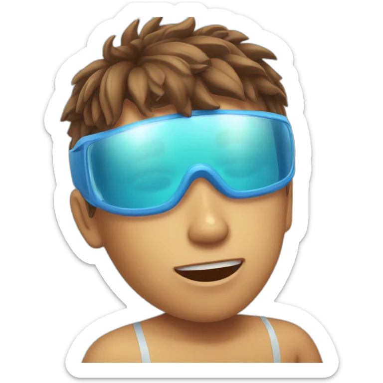 Boy with brown hair hurt his head in the swimming pool because of sunscreen sticker