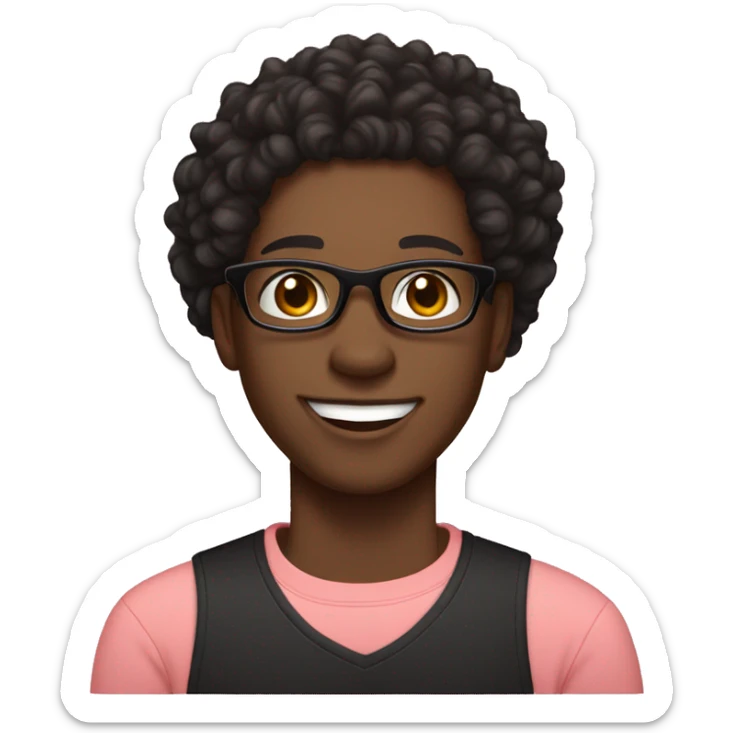 Black man, smiling, curly black hair, with black shirt, no glasses. Light skinned woman, medium curly hair, smiling, light pink shirt, black glasses sticker